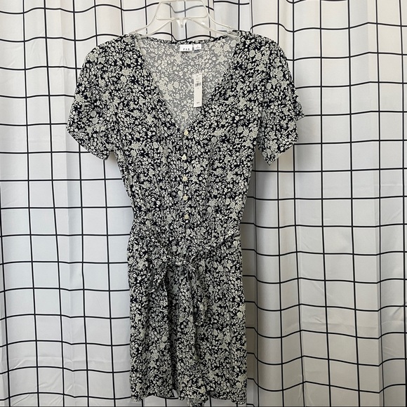 Navy Blue Front Tie Waist Romper - Picture 1 of 4